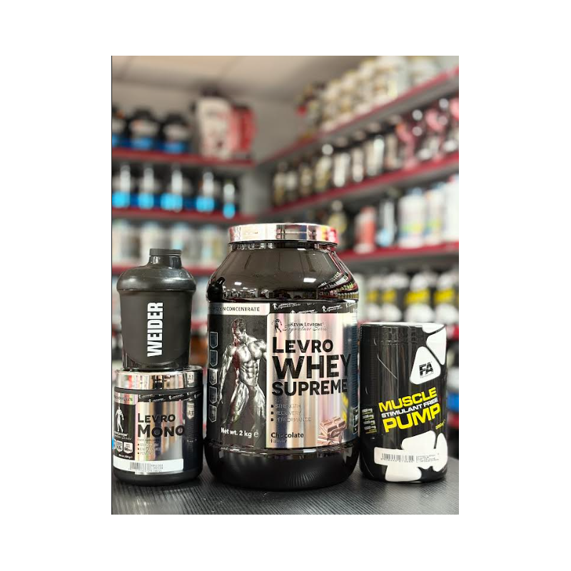 PACK Levro Whey Supreme 2kg + Creatina Levro Mono 300gr + Muscle Pump  350gr + Shaker